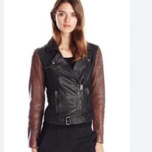 Lucky Brand Lambskin Leather Moto Jacket Zip Front Black Brown Women's Small